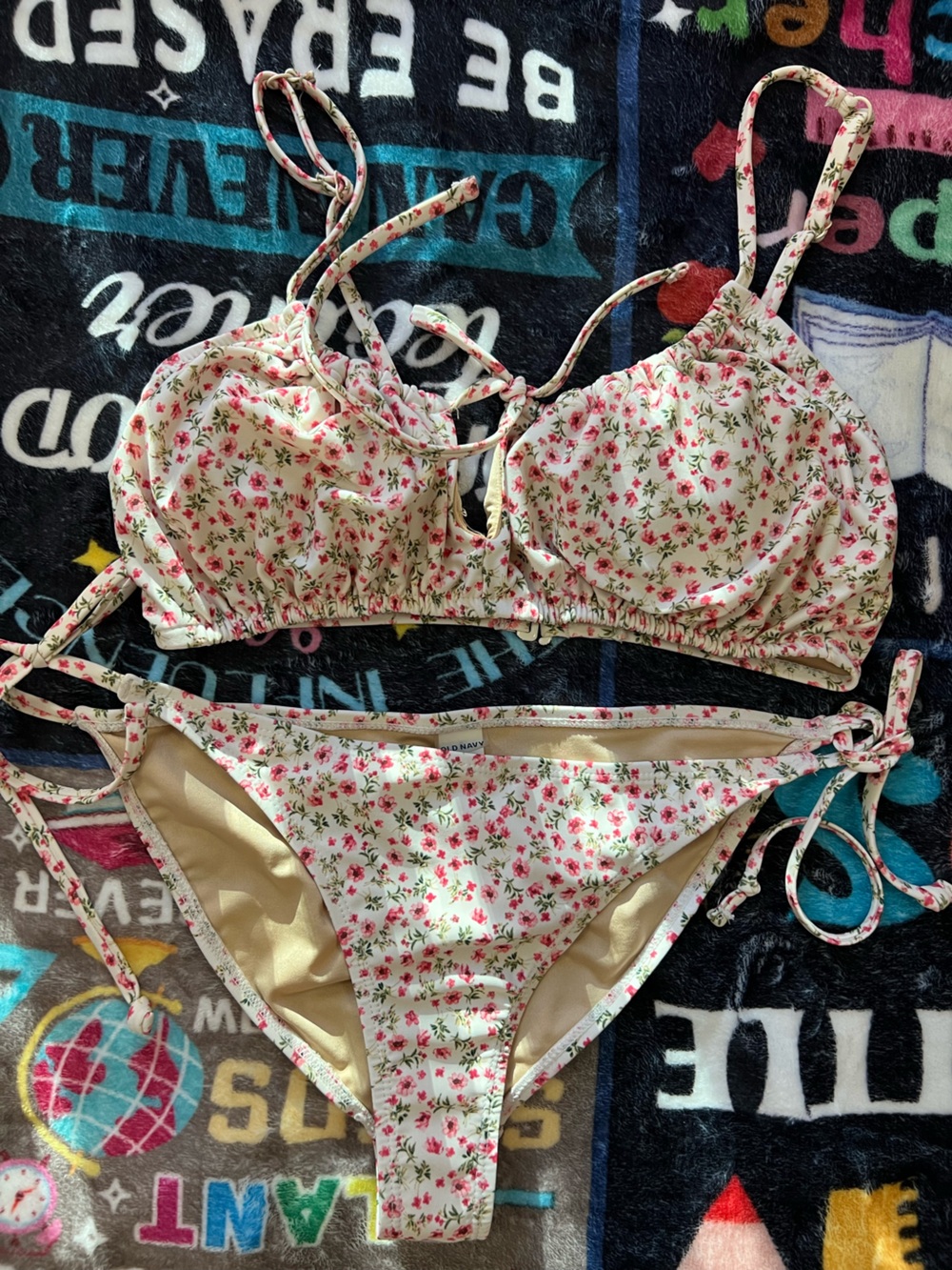 Old Navy Cream Bikini Set with Pink Floral Print